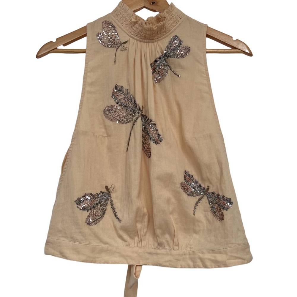 Free People High neck sleeveless sequinned tie back top. Cream/taupe Size M